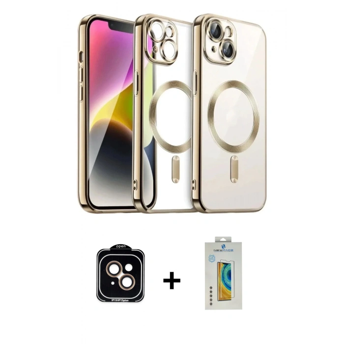 MARSİLYAN™- iPhone 15 Kılıf Nova Işık Özel Seri - Siyah Polymer Nano Ekran Koruyucu + PVD Metal Kamera Lens - TU