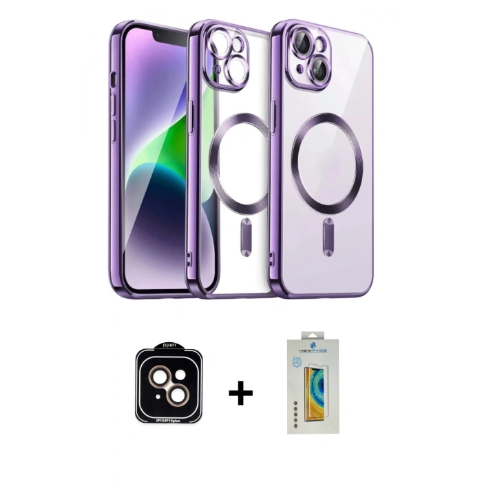 MARSİLYAN™- iPhone 15 Kılıf Nova Işık Özel Seri - Siyah Polymer Nano Ekran Koruyucu + PVD Metal Kamera Lens - TU