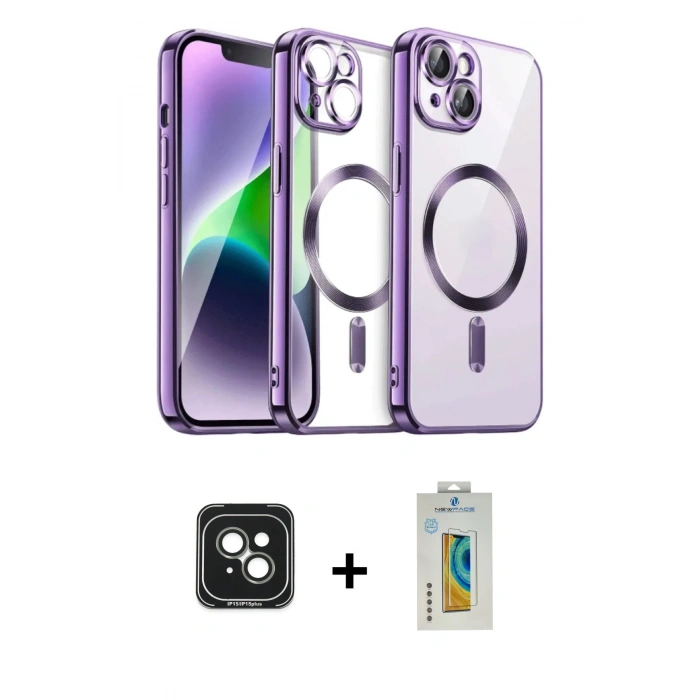 MARSİLYAN™- iPhone 15 Kılıf Nova Işık Özel Seri - Siyah Polymer Nano Ekran Koruyucu + PVD Metal Kamera Lens - YL