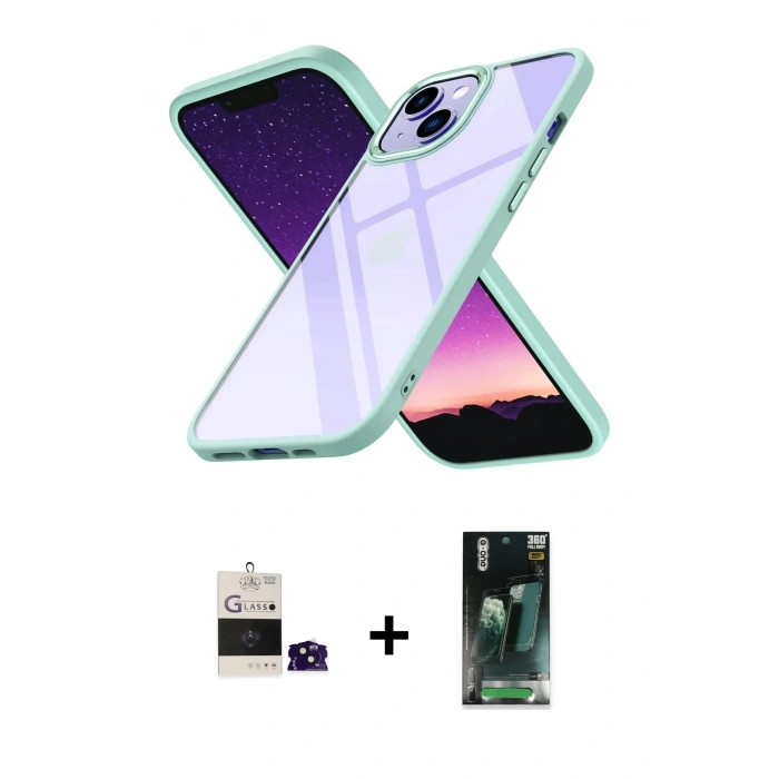 MARSİLYAN™- iPhone 15 Kılıf Nova Işık Serisi - Şeffaf 360 Full Body Arka Koruyucu + Bilvis Titan Kamera Lens - SH