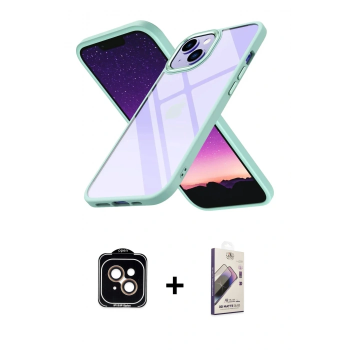 MARSİLYAN™- iPhone 15 Kılıf Nova Işık Serisi - Siyah Bilvis 3D Mat Cam Ekran Koruyucu + PVD Metal Kamera Lens - TU