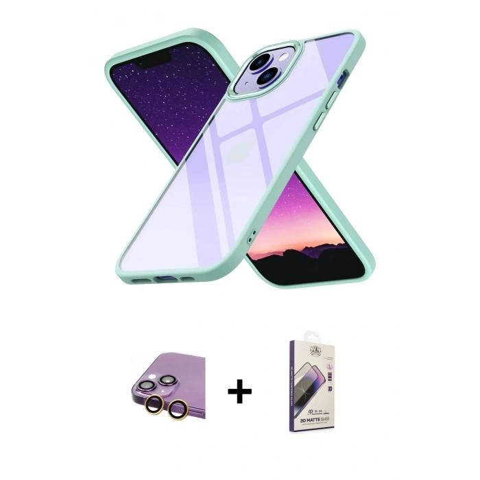 MARSİLYAN™- iPhone 15 Kılıf Nova Işık Serisi - Siyah Bilvis 3D Mat Cam Ekran Koruyucu + Raze Metal Kamera Lens - SI