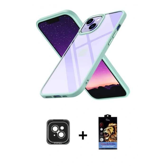 MARSİLYAN™- iPhone 15 Kılıf Nova Işık Serisi - Siyah Buffer Hayalet Cam Ekran Koruyucu + PVD Metal Kamera Lens - YL