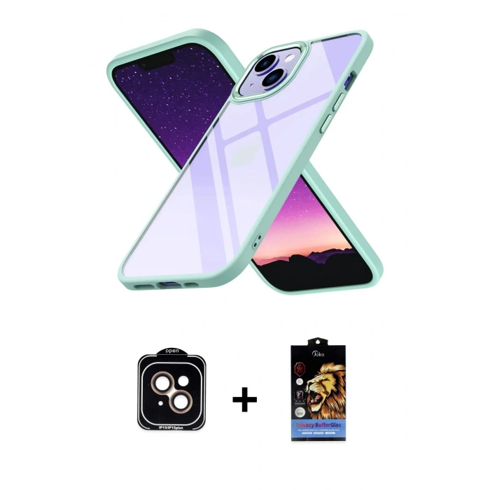 MARSİLYAN™- iPhone 15 Kılıf Nova Işık Serisi - Siyah Buffer Hayalet Cam Ekran Koruyucu + PVD Metal Kamera Lens - TU