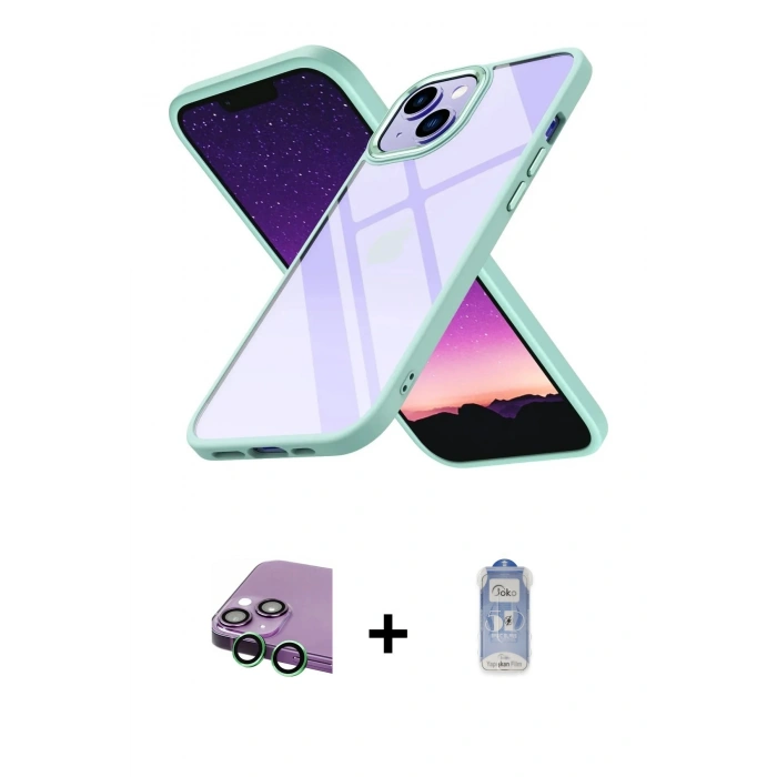 MARSİLYAN™- iPhone 15 Kılıf Nova Işık Serisi - Siyah Joko Magic 5D Cam + Yeşil Raze Metal Kamera Lens
