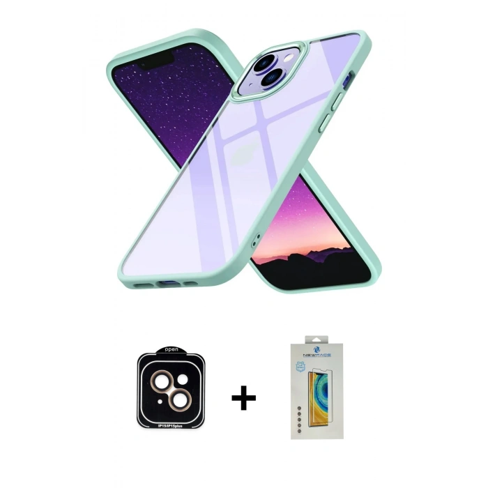 MARSİLYAN™- iPhone 15 Kılıf Nova Işık Serisi - Siyah Polymer Nano Ekran Koruyucu + PVD Metal Kamera Lens - TU