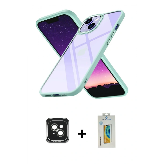 MARSİLYAN™- iPhone 15 Kılıf Nova Işık Serisi - Siyah Polymer Nano Ekran Koruyucu + PVD Metal Kamera Lens - YL