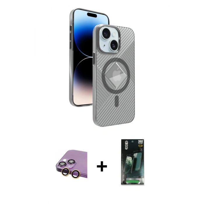 MARSİLYAN™- iPhone 15 Kılıf Nova Modern Prime - Şeffaf 360 Full Body Arka Koruyucu + Raze Metal Kamera Lens - SI