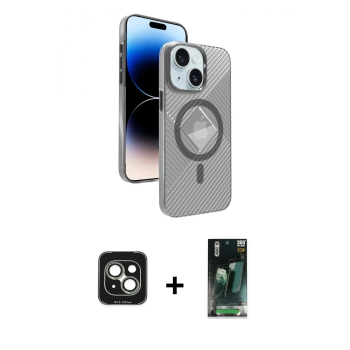 MARSİLYAN™- iPhone 15 Kılıf Nova Modern Prime - Şeffaf 360 Full Body Arka Koruyucu + PVD Metal Kamera Lens - YL