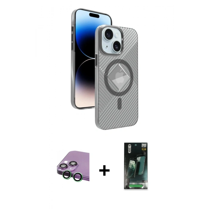 MARSİLYAN™- iPhone 15 Kılıf Nova Modern Prime - Şeffaf 360 Full Body Arka Koruyucu + Raze Metal Kamera Lens - YL