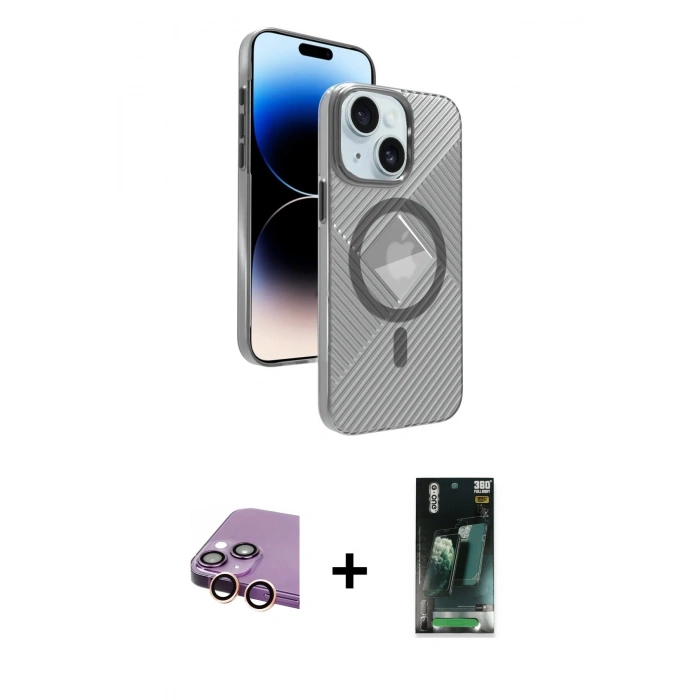 MARSİLYAN™- iPhone 15 Kılıf Nova Modern Prime - Siyah 360 Mat Full Body Arka Koruyucu + Raze Metal Kamera Lens - PE