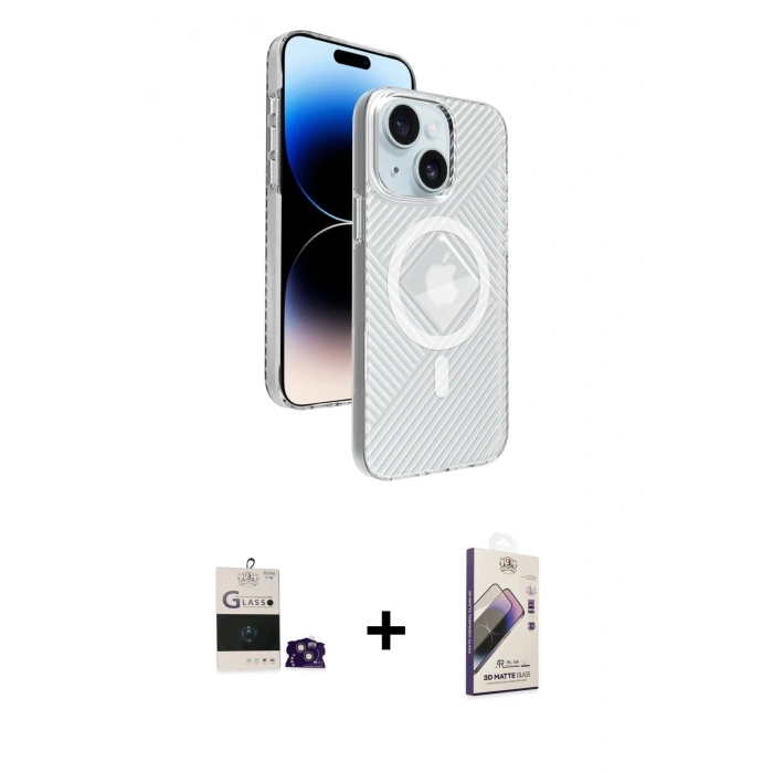MARSİLYAN™- iPhone 15 Kılıf Nova Modern Prime - Siyah Bilvis 3D Mat Cam Ekran Koruyucu + Bilvis Titan Kamera Lens - PE
