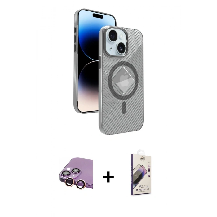 MARSİLYAN™- iPhone 15 Kılıf Nova Modern Prime - Siyah Bilvis 3D Mat Cam Ekran Koruyucu + Raze Metal Kamera Lens - PE