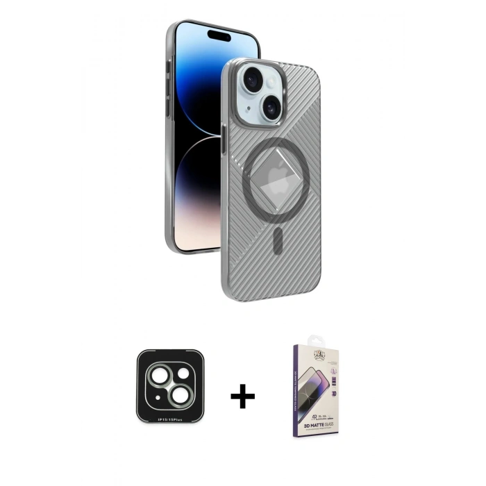 MARSİLYAN™- iPhone 15 Kılıf Nova Modern Prime - Siyah Bilvis 3D Mat Cam Ekran Koruyucu + PVD Metal Kamera Lens - YL