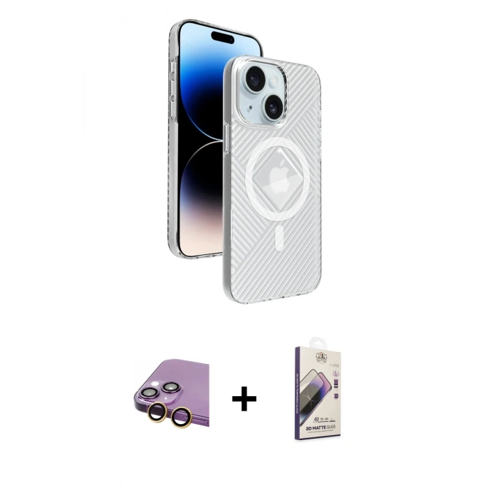 MARSİLYAN™- iPhone 15 Kılıf Nova Modern Prime - Siyah Bilvis 3D Mat Cam Ekran Koruyucu + Raze Metal Kamera Lens - SI