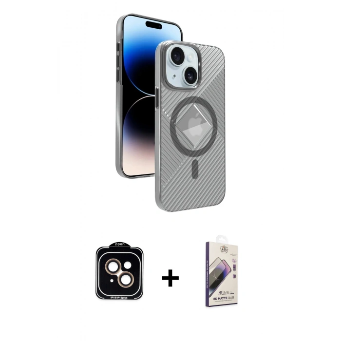 MARSİLYAN™- iPhone 15 Kılıf Nova Modern Prime - Siyah Bilvis 3D Mat Cam Ekran Koruyucu + Turuncu PVD Metal Kamera Lens