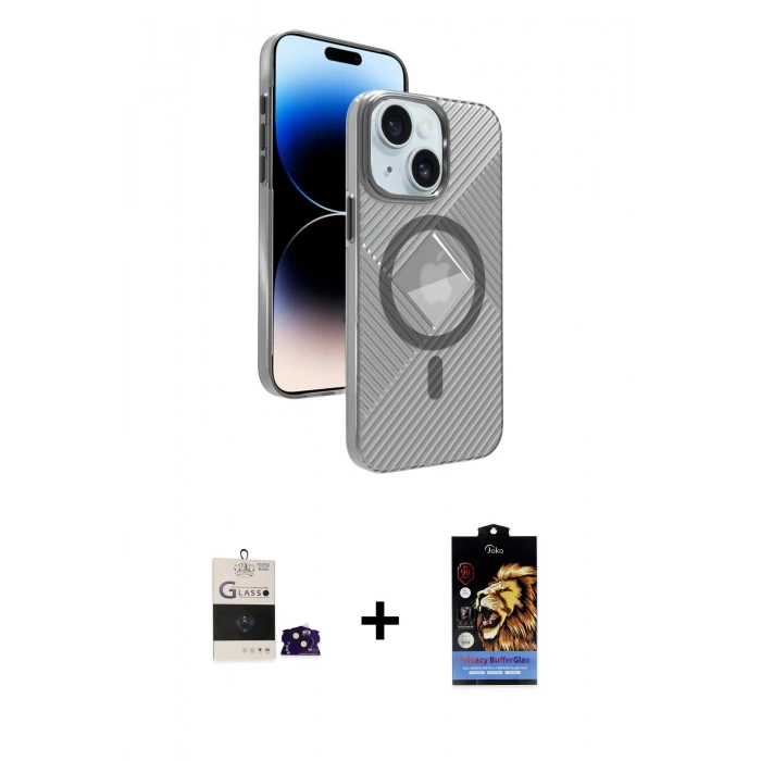 MARSİLYAN™- iPhone 15 Kılıf Nova Modern Prime - Siyah Buffer Hayalet Cam Ekran Koruyucu + Bilvis Titan Kamera Lens - SH