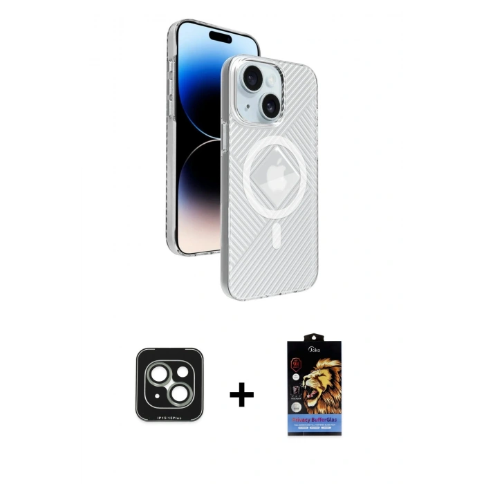 MARSİLYAN™- iPhone 15 Kılıf Nova Modern Prime - Siyah Buffer Hayalet Cam Ekran Koruyucu + PVD Metal Kamera Lens - YL