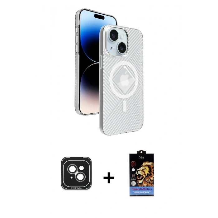 MARSİLYAN™- iPhone 15 Kılıf Nova Modern Prime - Siyah Buffer Hayalet Cam Ekran Koruyucu + PVD Metal Kamera Lens - YL