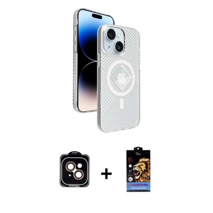 MARSİLYAN™- iPhone 15 Kılıf Nova Modern Prime - Siyah Buffer Hayalet Cam Ekran Koruyucu + Turuncu PVD Metal Kamera Lens