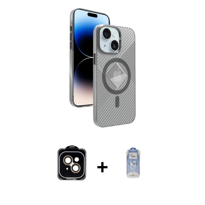 MARSİLYAN™- iPhone 15 Kılıf Nova Modern Prime - Siyah Joko Magic 5D Cam + PVD Metal Kamera Lens - TU