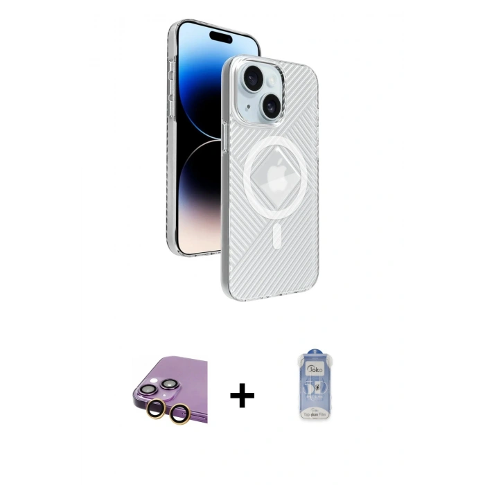 MARSİLYAN™- iPhone 15 Kılıf Nova Modern Prime - Siyah Joko Magic 5D Cam + Sarı Raze Metal Kamera Lens