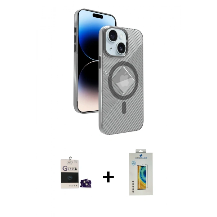 MARSİLYAN™- iPhone 15 Kılıf Nova Modern Prime - Siyah Polymer Nano Ekran Koruyucu + Bilvis Titan Kamera Lens - PE