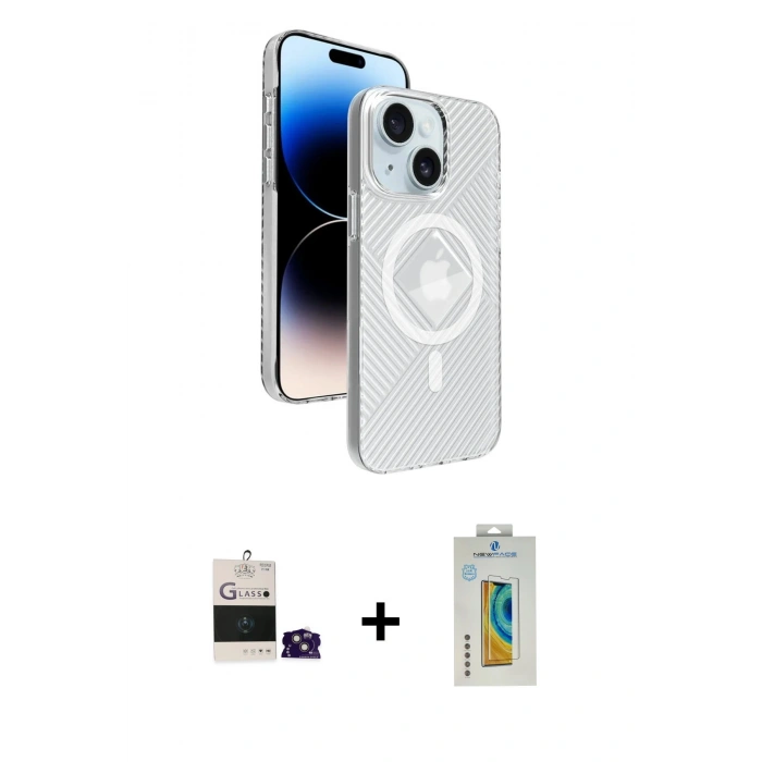 MARSİLYAN™- iPhone 15 Kılıf Nova Modern Prime - Siyah Polymer Nano Ekran Koruyucu + Bilvis Titan Kamera Lens - PE