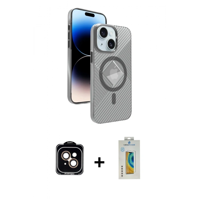MARSİLYAN™- iPhone 15 Kılıf Nova Modern Prime - Siyah Polymer Nano Ekran Koruyucu + PVD Metal Kamera Lens - TU