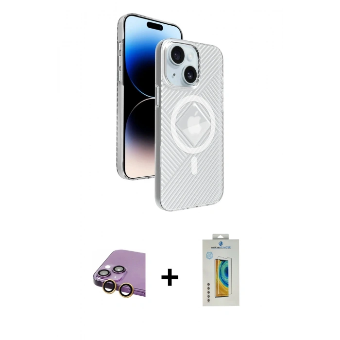 MARSİLYAN™- iPhone 15 Kılıf Nova Modern Prime - Siyah Polymer Nano Ekran Koruyucu + Raze Metal Kamera Lens - SI