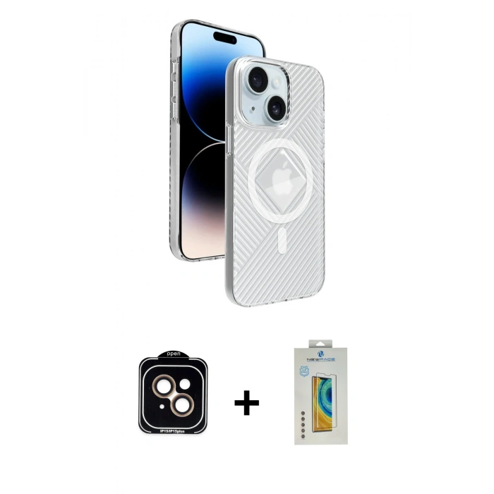 MARSİLYAN™- iPhone 15 Kılıf Nova Modern Prime - Siyah Polymer Nano Ekran Koruyucu + PVD Metal Kamera Lens - TU