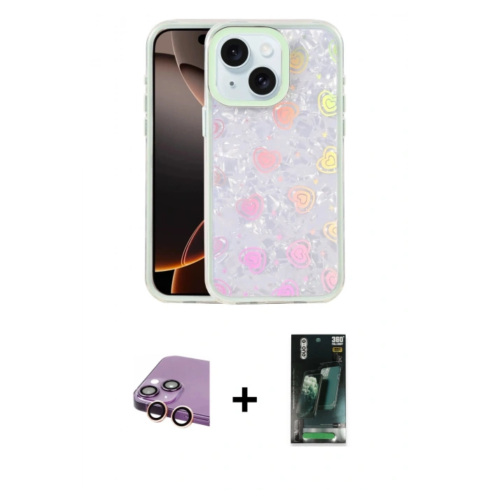 MARSİLYAN™- iPhone 15 Kılıf Odak Prime - Şeffaf 360 Full Body Arka Koruyucu + Raze Metal Kamera Lens - PE