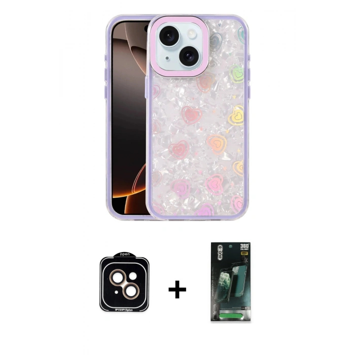 MARSİLYAN™- iPhone 15 Kılıf Odak Prime - Şeffaf 360 Full Body Arka Koruyucu + PVD Metal Kamera Lens - TU