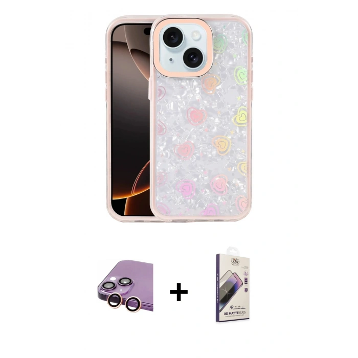 MARSİLYAN™- iPhone 15 Kılıf Odak Prime - Siyah Bilvis 3D Mat Cam Ekran Koruyucu + Raze Metal Kamera Lens - PE