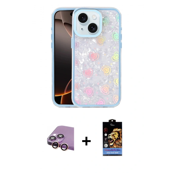 MARSİLYAN™- iPhone 15 Kılıf Odak Prime - Siyah Buffer Hayalet Cam Ekran Koruyucu + Pembe Raze Metal Kamera Lens