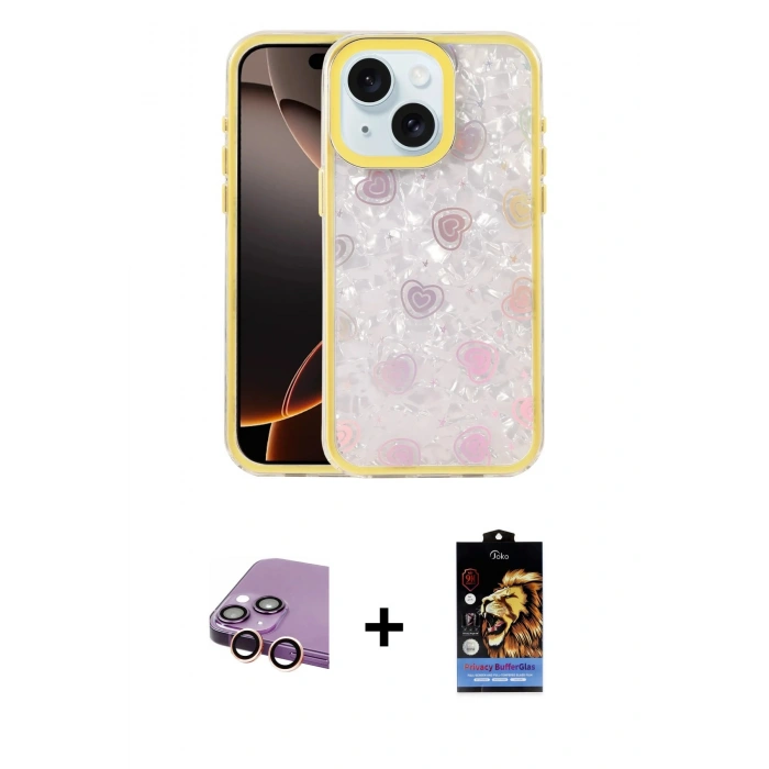 MARSİLYAN™- iPhone 15 Kılıf Odak Prime - Siyah Buffer Hayalet Cam Ekran Koruyucu + Pembe Raze Metal Kamera Lens
