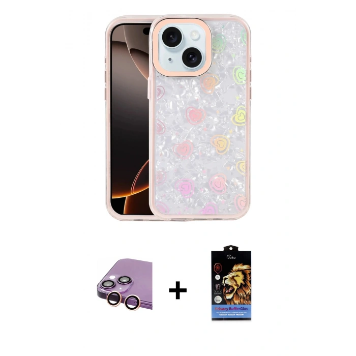 MARSİLYAN™- iPhone 15 Kılıf Odak Prime - Siyah Buffer Hayalet Cam Ekran Koruyucu + Pembe Raze Metal Kamera Lens