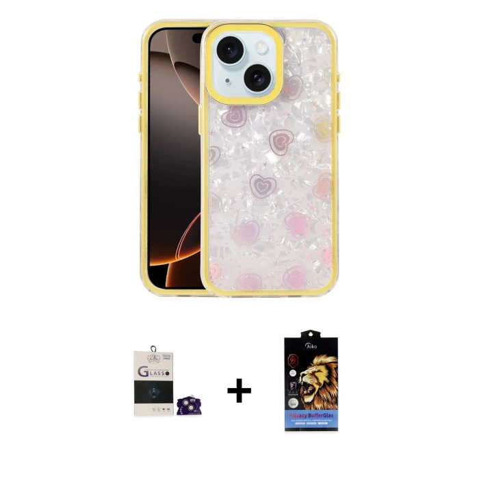 MARSİLYAN™- iPhone 15 Kılıf Odak Prime - Siyah Buffer Hayalet Cam Ekran Koruyucu + Yeşil Bilvis Titan Kamera Lens