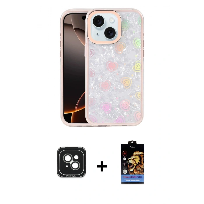 MARSİLYAN™- iPhone 15 Kılıf Odak Prime - Siyah Buffer Hayalet Cam Ekran Koruyucu + PVD Metal Kamera Lens - YL