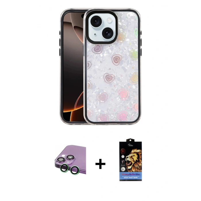 MARSİLYAN™- iPhone 15 Kılıf Odak Prime - Siyah Buffer Hayalet Cam Ekran Koruyucu + Raze Metal Kamera Lens - YL