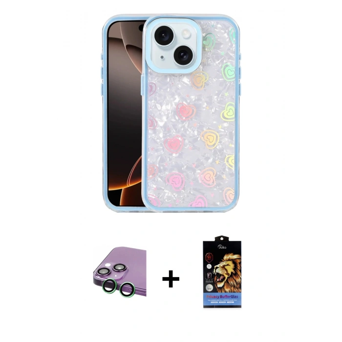 MARSİLYAN™- iPhone 15 Kılıf Odak Prime - Siyah Buffer Hayalet Cam Ekran Koruyucu + Raze Metal Kamera Lens - YL