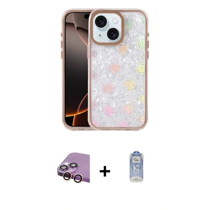 MARSİLYAN™- iPhone 15 Kılıf Odak Prime - Siyah Joko Magic 5D Cam + Pembe Raze Metal Kamera Lens