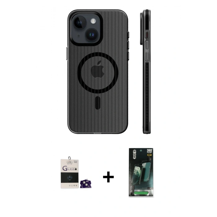 MARSİLYAN™- iPhone 15 Kılıf Pusula Minimal Koleksiyonu - Şeffaf 360 Full Body Arka Koruyucu + Bilvis Titan Kamera Lens - YL