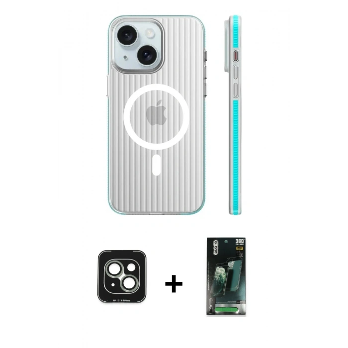 MARSİLYAN™- iPhone 15 Kılıf Pusula Minimal Koleksiyonu - Şeffaf 360 Full Body Arka Koruyucu + PVD Metal Kamera Lens - YL