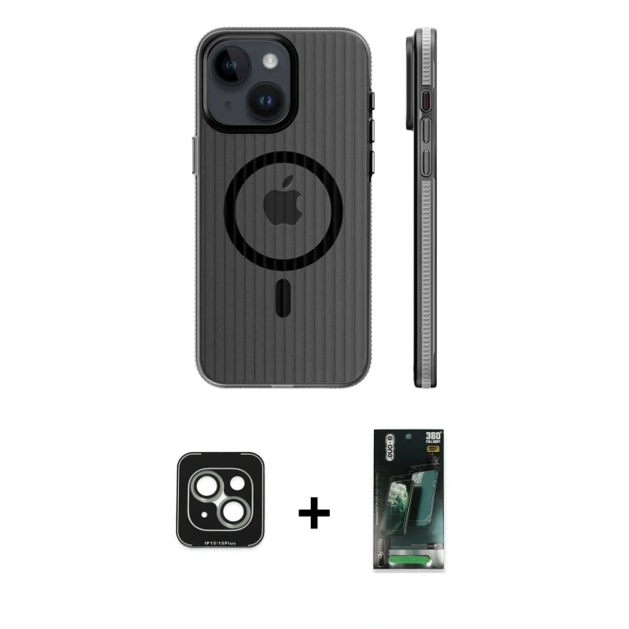 MARSİLYAN™- iPhone 15 Kılıf Pusula Minimal Koleksiyonu - Şeffaf 360 Full Body Arka Koruyucu + PVD Metal Kamera Lens - YL