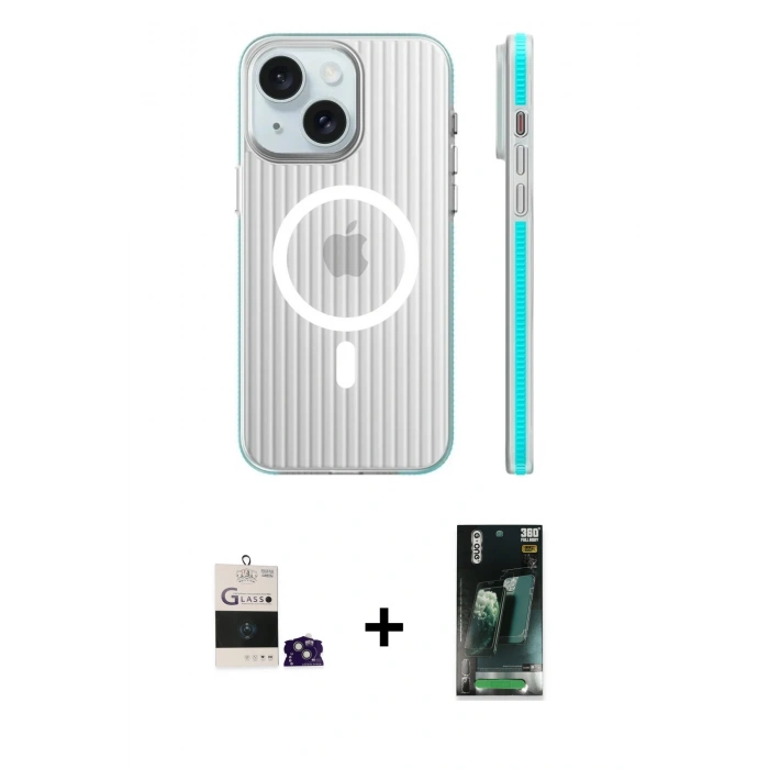 MARSİLYAN™- iPhone 15 Kılıf Pusula Minimal Koleksiyonu - Siyah 360 Mat Full Body Arka Koruyucu + Bilvis Titan Kamera Lens - YL
