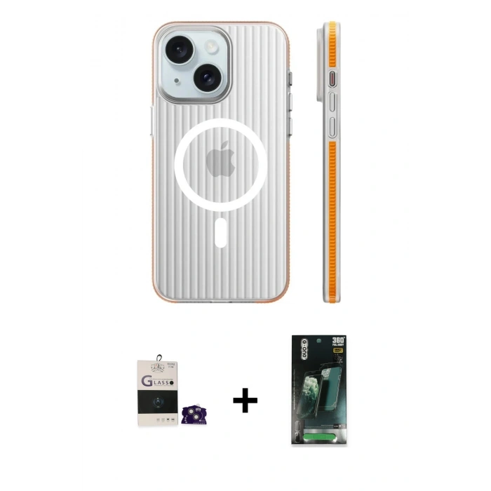 MARSİLYAN™- iPhone 15 Kılıf Pusula Minimal Koleksiyonu - Siyah 360 Mat Full Body Arka Koruyucu + Bilvis Titan Kamera Lens - PE
