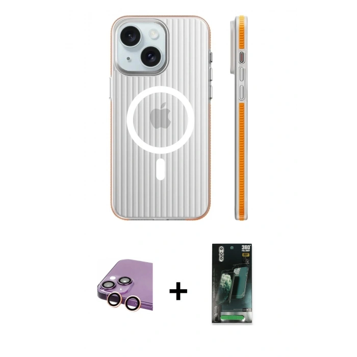 MARSİLYAN™- iPhone 15 Kılıf Pusula Minimal Koleksiyonu - Siyah 360 Mat Full Body Arka Koruyucu + Pembe Raze Metal Kamera Lens