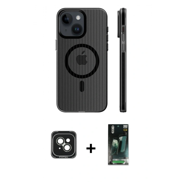 MARSİLYAN™- iPhone 15 Kılıf Pusula Minimal Koleksiyonu - Siyah 360 Mat Full Body Arka Koruyucu + PVD Metal Kamera Lens - YL