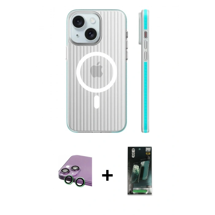 MARSİLYAN™- iPhone 15 Kılıf Pusula Minimal Koleksiyonu - Siyah 360 Mat Full Body Arka Koruyucu + Raze Metal Kamera Lens - YL